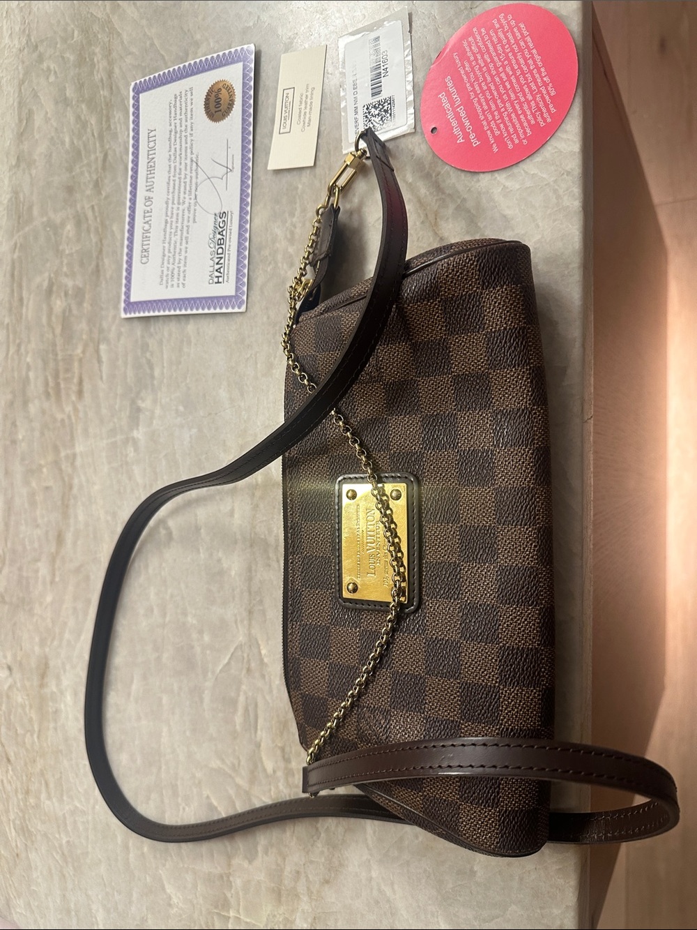 Louis Vuitton Damier Ebene Brown Shoulder Bag with Gold Plaque